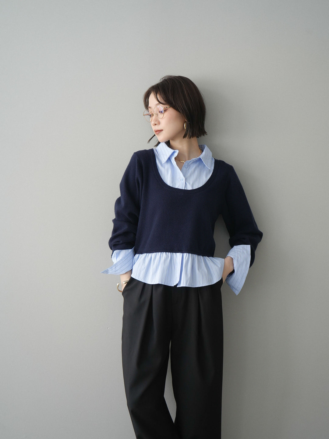 [SET]ストライプシャツUネックドッキングニットプルオーバー+ベルト付キーホルダーモチーフワイドパンツ(2set)