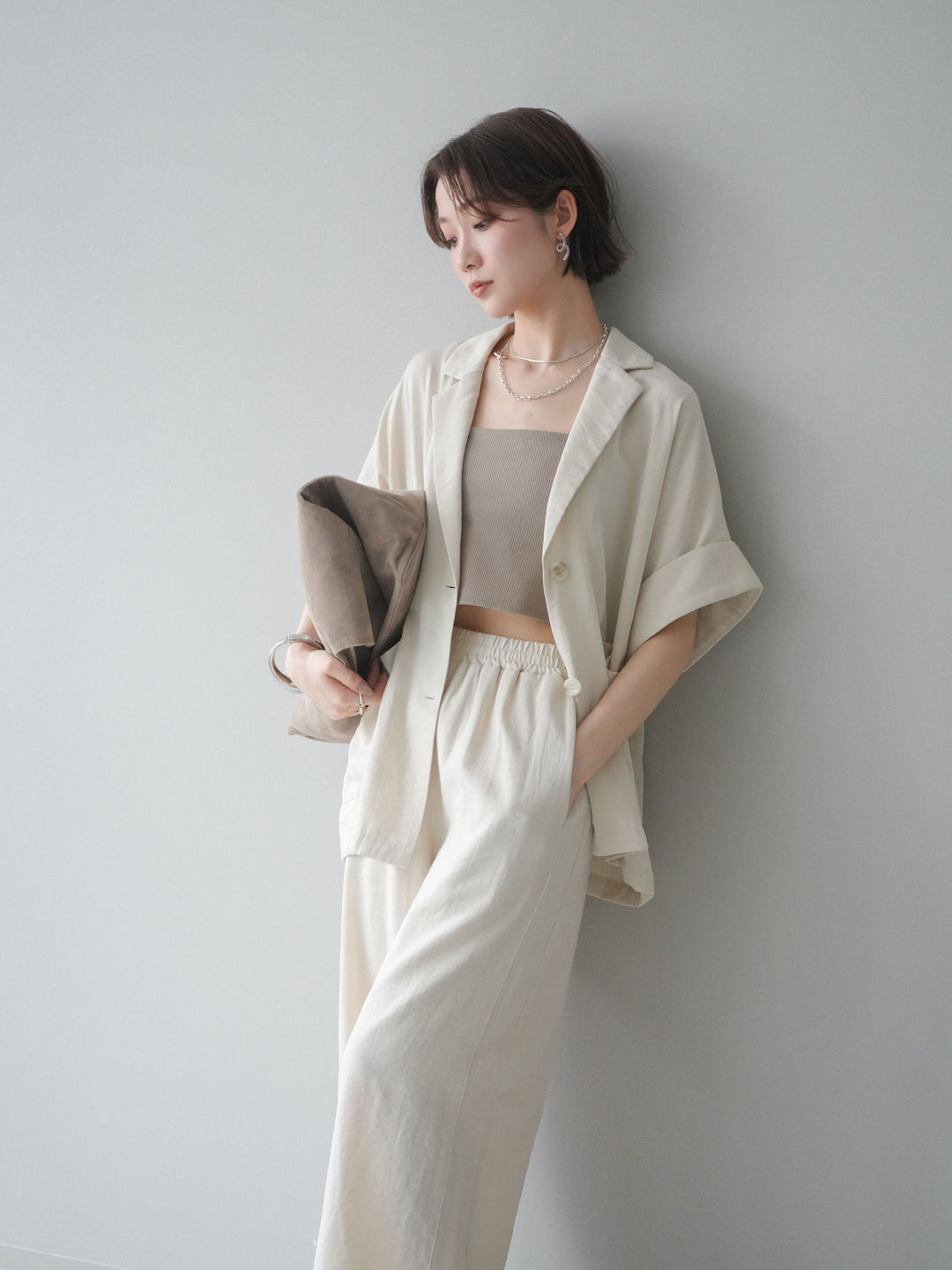 [SET]ハーフスリーブオーバージャケット+リラックスワイドパンツ(2set)
