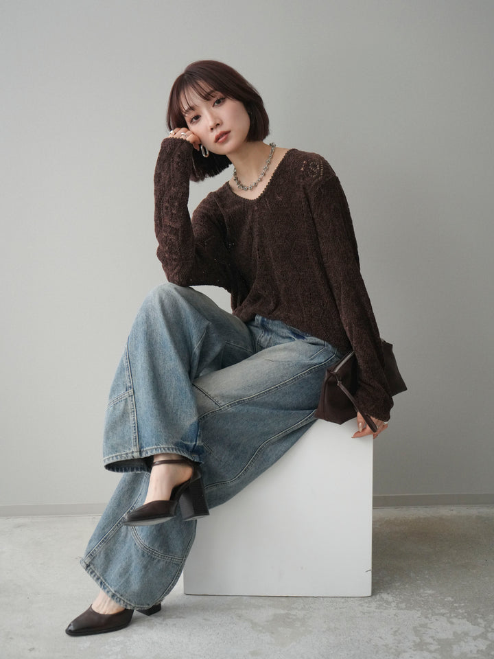 [SET]モール透かし編みニットトップス+ベルト付カーブデニムパンツ(2set)