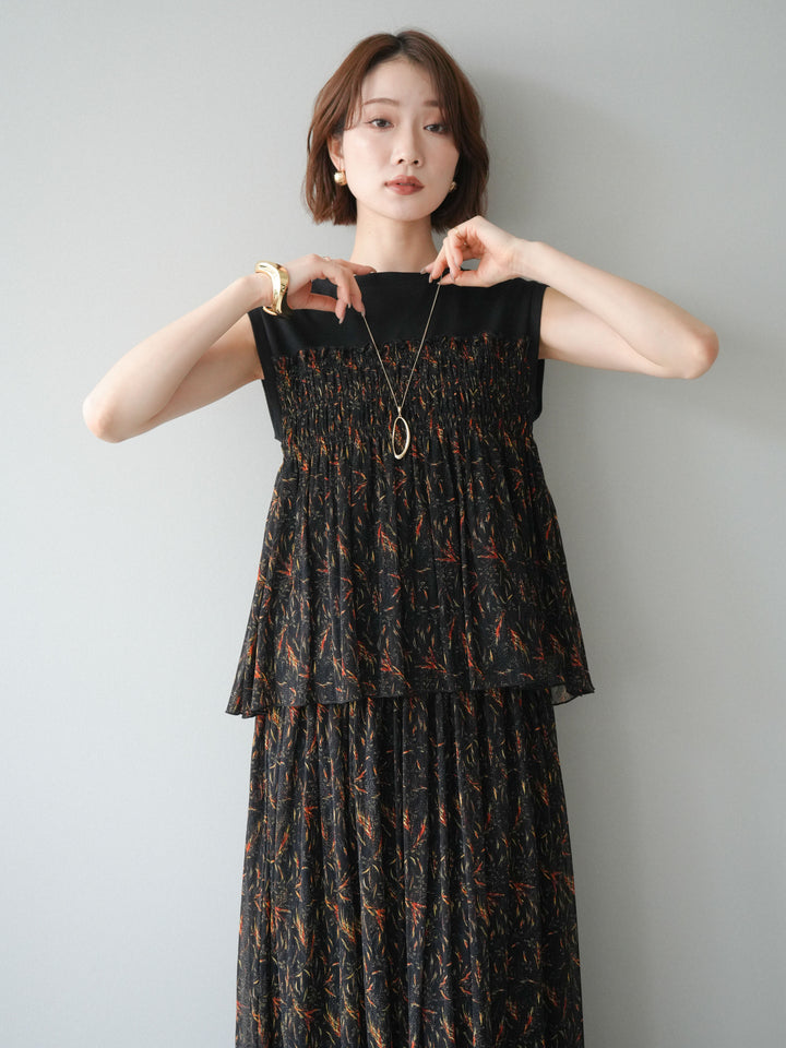 [予約]チュールプリントノースリーブトップス/black