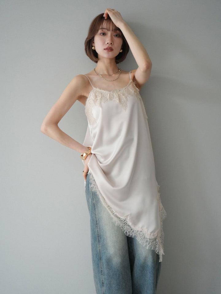 [予約]アシンメトリーサテンレースキャミソール/ecru