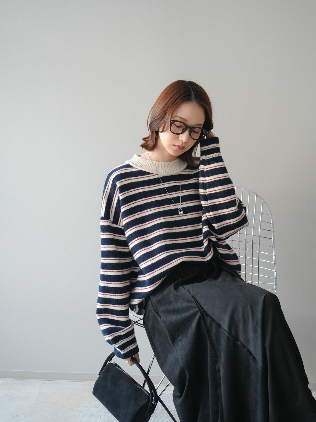 [予約]モックネックボーダーニットプルオーバー/navy