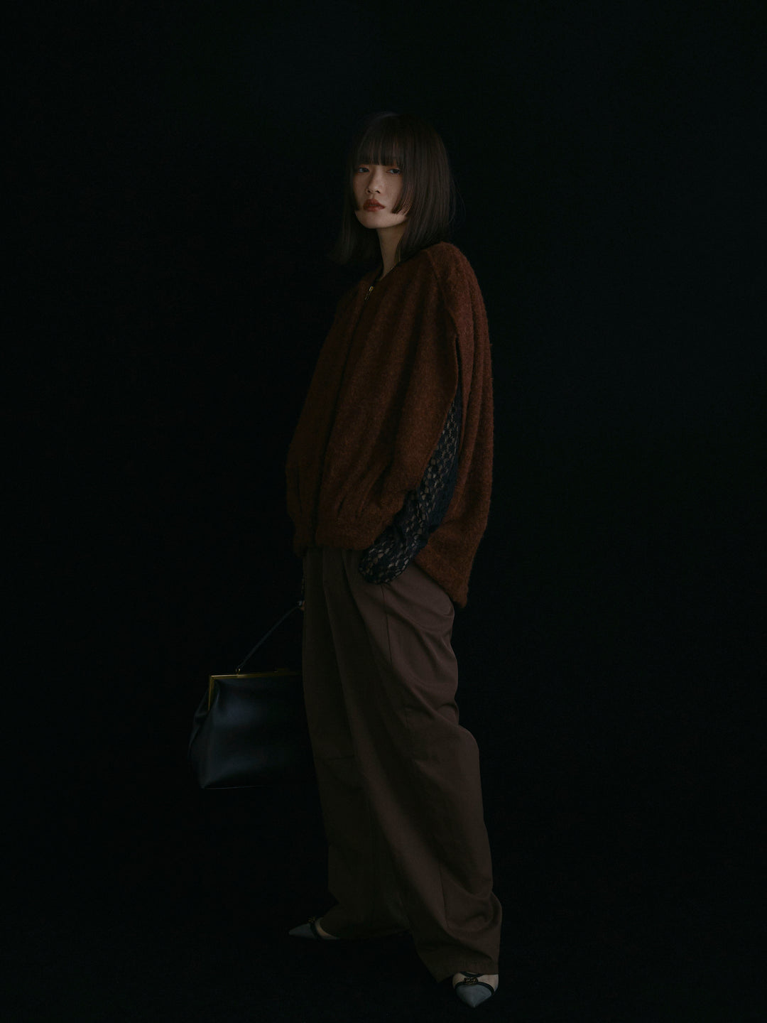 【Allure】[SET]ウール混コクーンブルゾン+タフタワイドカーブパンツ+バックラウンドレーストップス(3set)