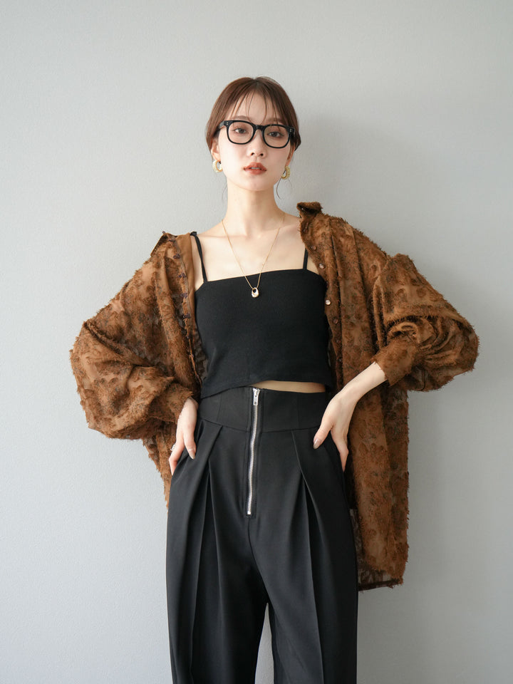 [予約]ニュアンスフリンジジャガードボリュームスリーブブラウス/ブラウン