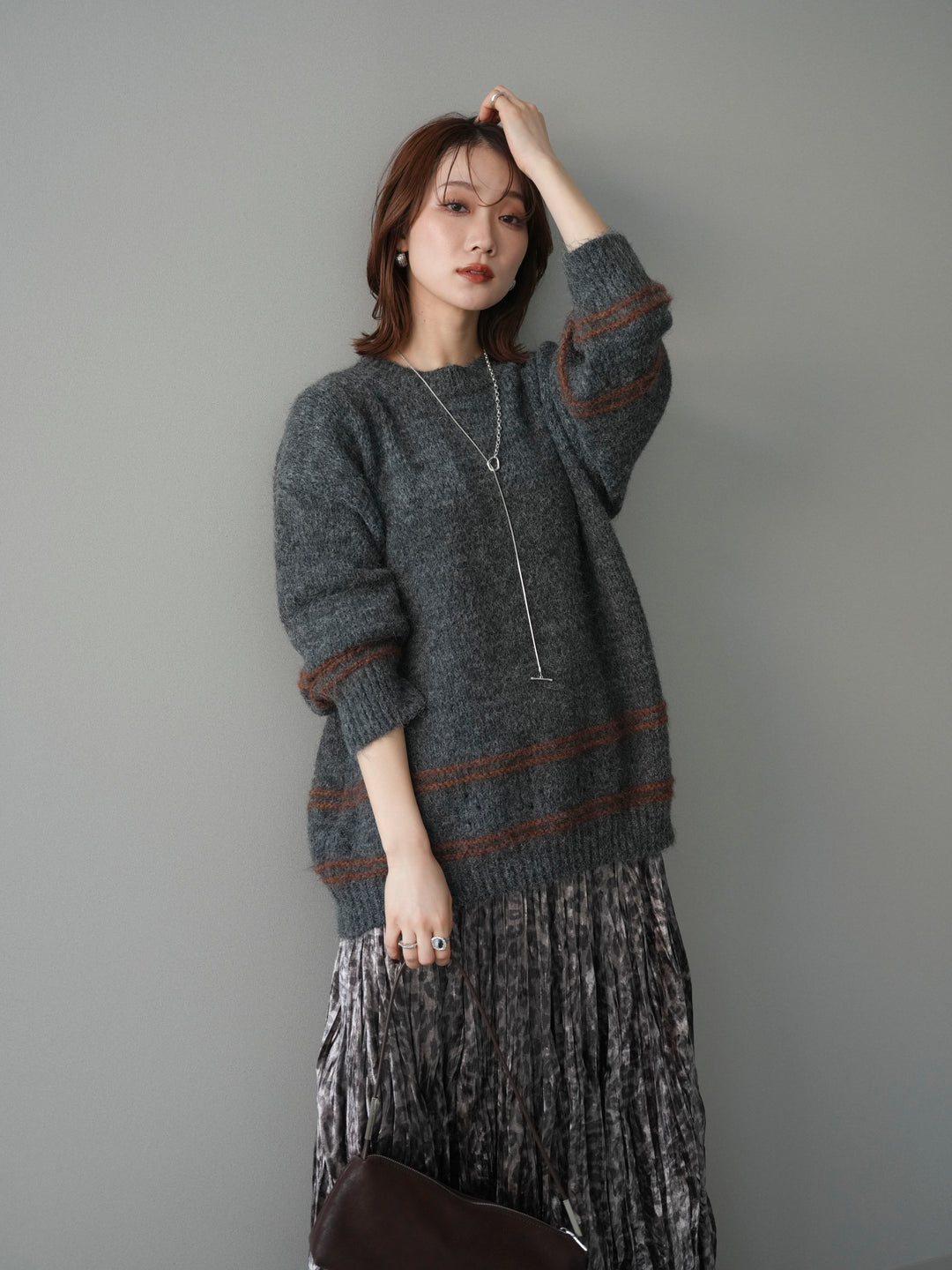 [予約]クルーネックラインボーダーニットプルオーバー/gray