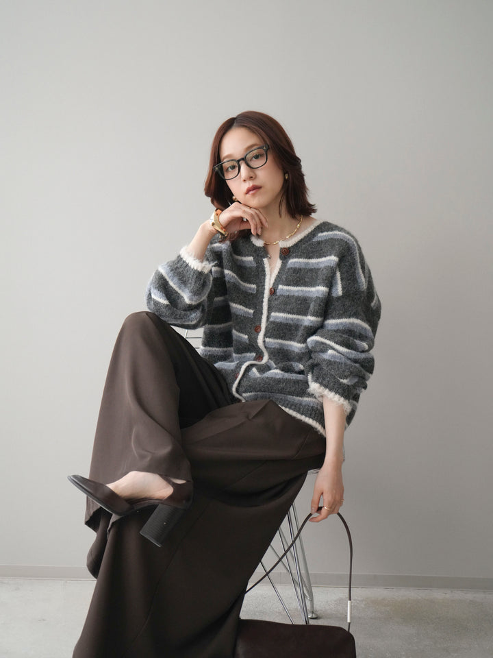 [SET]ウールタッチ配色ボーダーニットカーディガン+テープベルトタックバギーパンツ(2set)