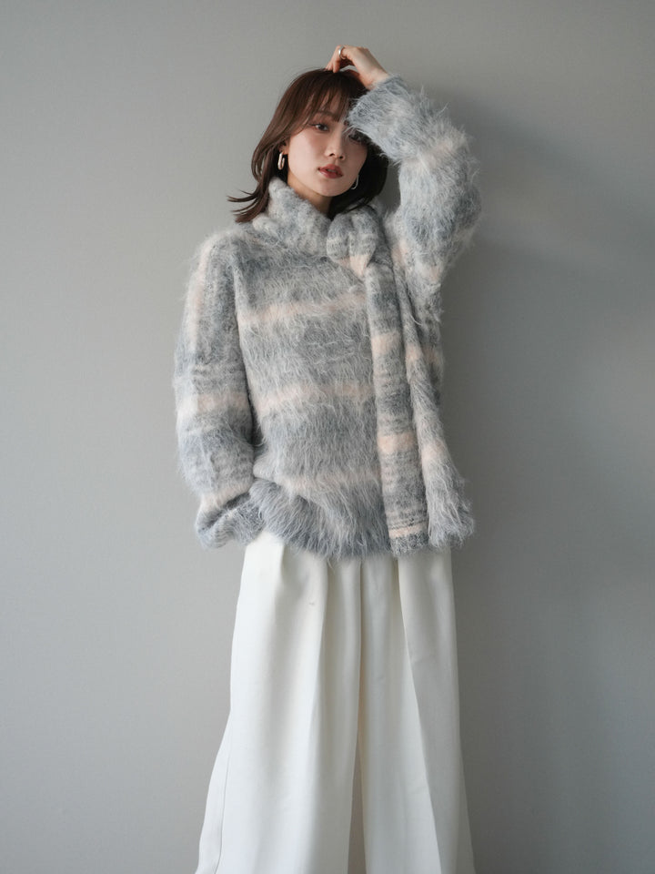 [予約]ストール付シャギーマルチボーダーニットプルオーバー/gray