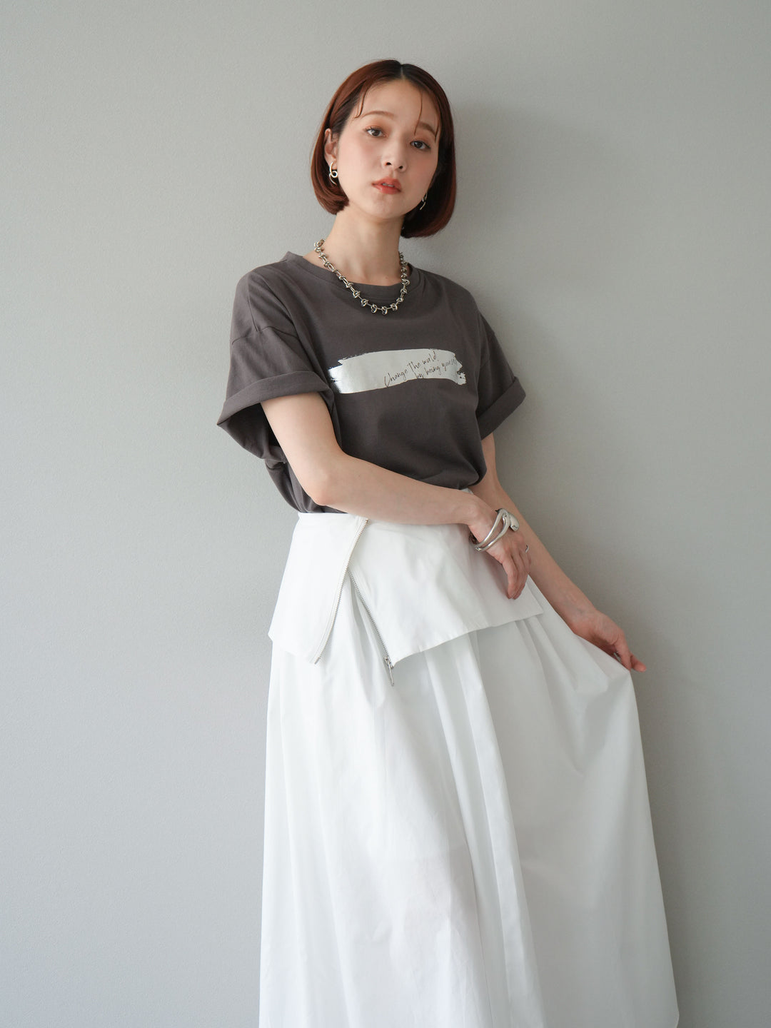 [予約]箔プリントTシャツ/チャコールシルバー