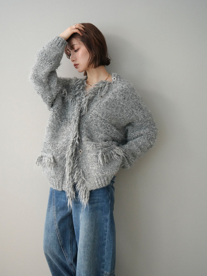 [予約]ミックスヤーンフリンジデザインニットジャケット/gray