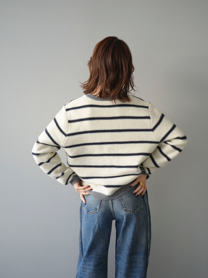 [予約]配色ボーダーニットカーディガン/apricot