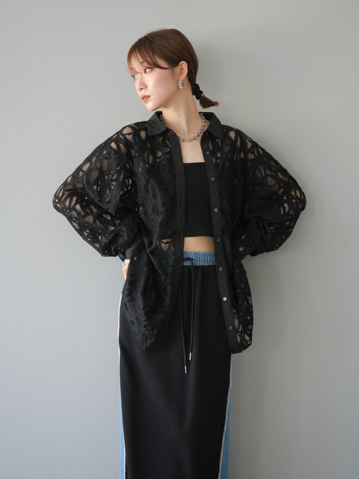 [SET]コードレースオーバーシャツ+デニムドッキングスウェットスカート(2set)