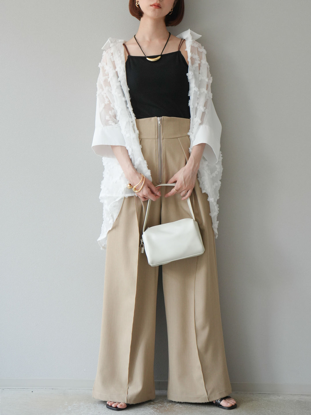 [預訂] 混合材質透視半身襯衫/白色