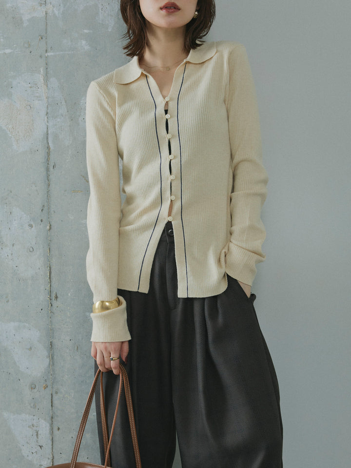 【Allure】[SET]リブ配色ラインポロニットカーディガン+サイドタックワイドパンツ(2set)