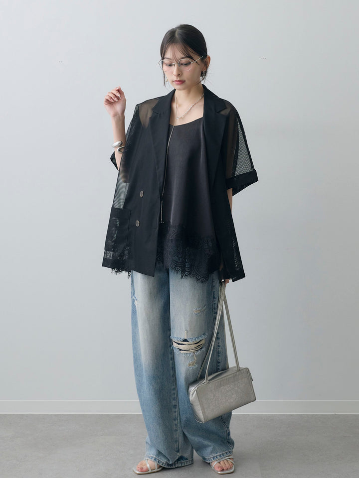 [SET]メッシュハーフWジャケット+レーストリムキャミソール+ダメージデニムセミワイドパンツ(3set)