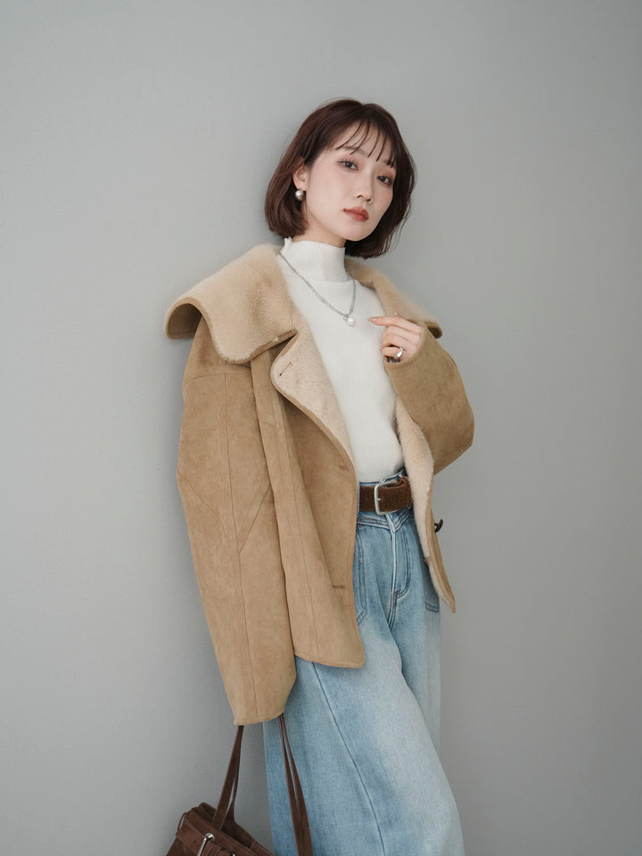 [SET]ムートンショートジャケット+ベルト付裏起毛カーブデニムパンツ(2set)