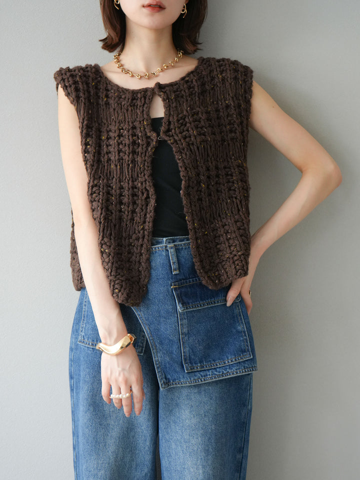 [予約]ミックスヤーンデザイン編みニットベスト/ブラウン
