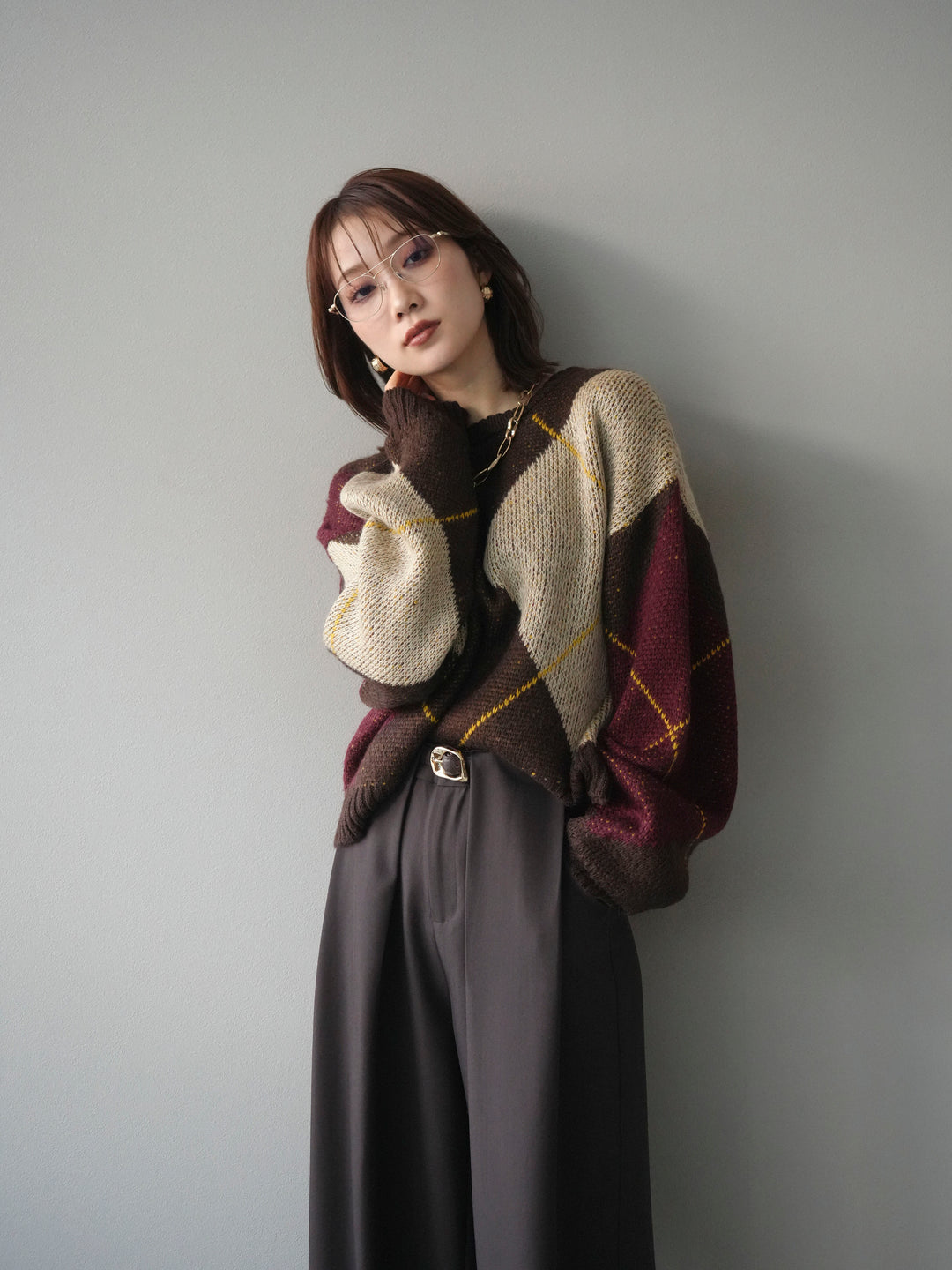 [予約]配色ステッチアーガイル柄ニットプルオーバー/brown