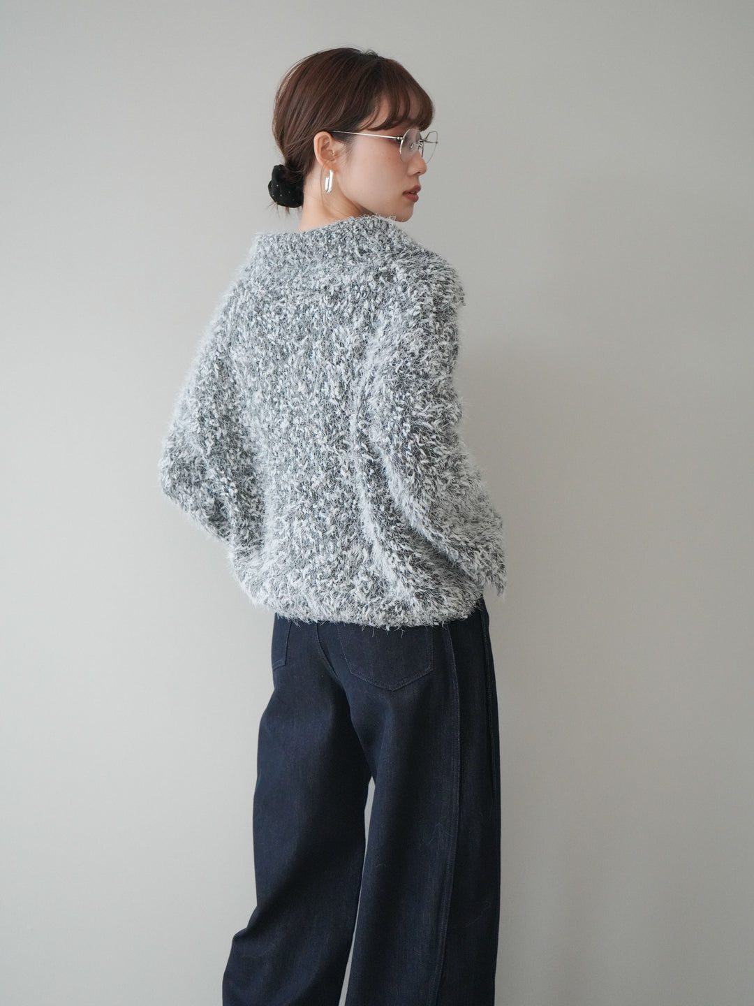 [予約]ミックスシャギージップニットカーディガン/black