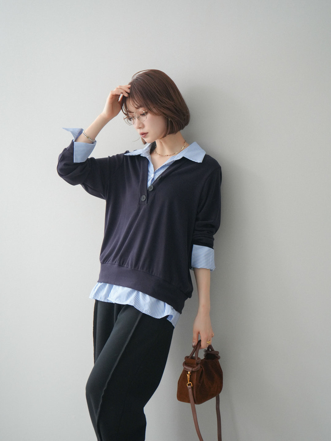 [予約]シャツレイヤードデザインカットプルオーバー/navy
