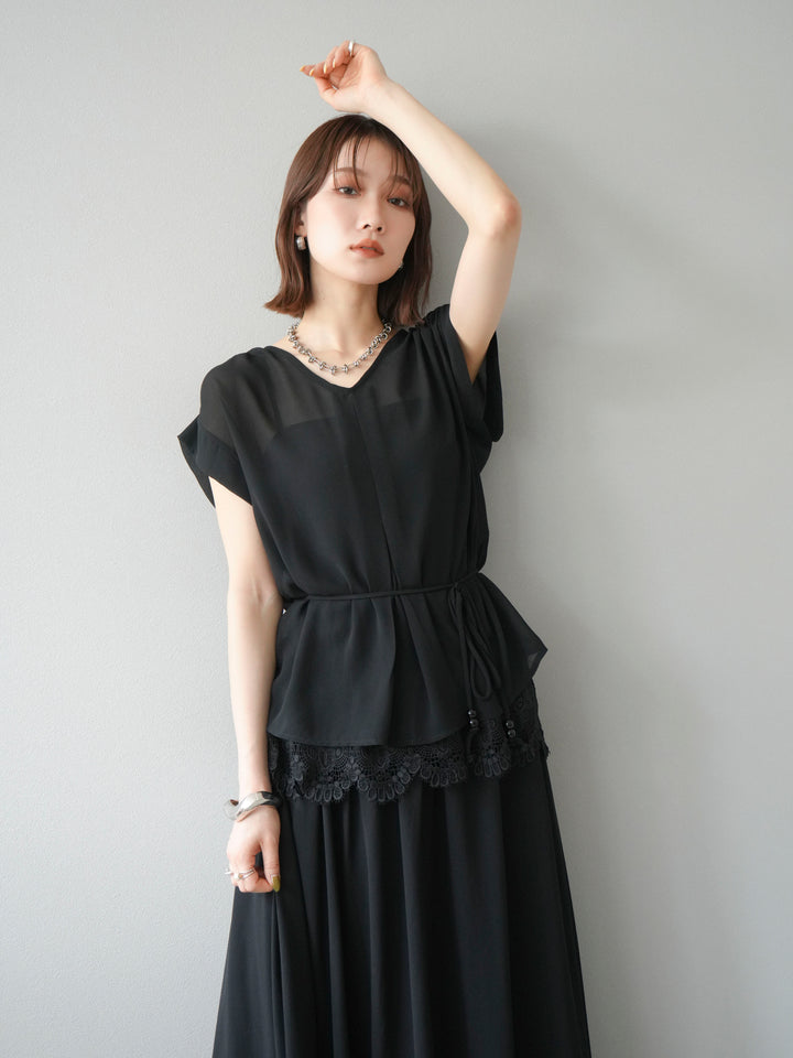 [SET]シフォンブラウス＆レースデザインフレアスカートSET UP(2set)