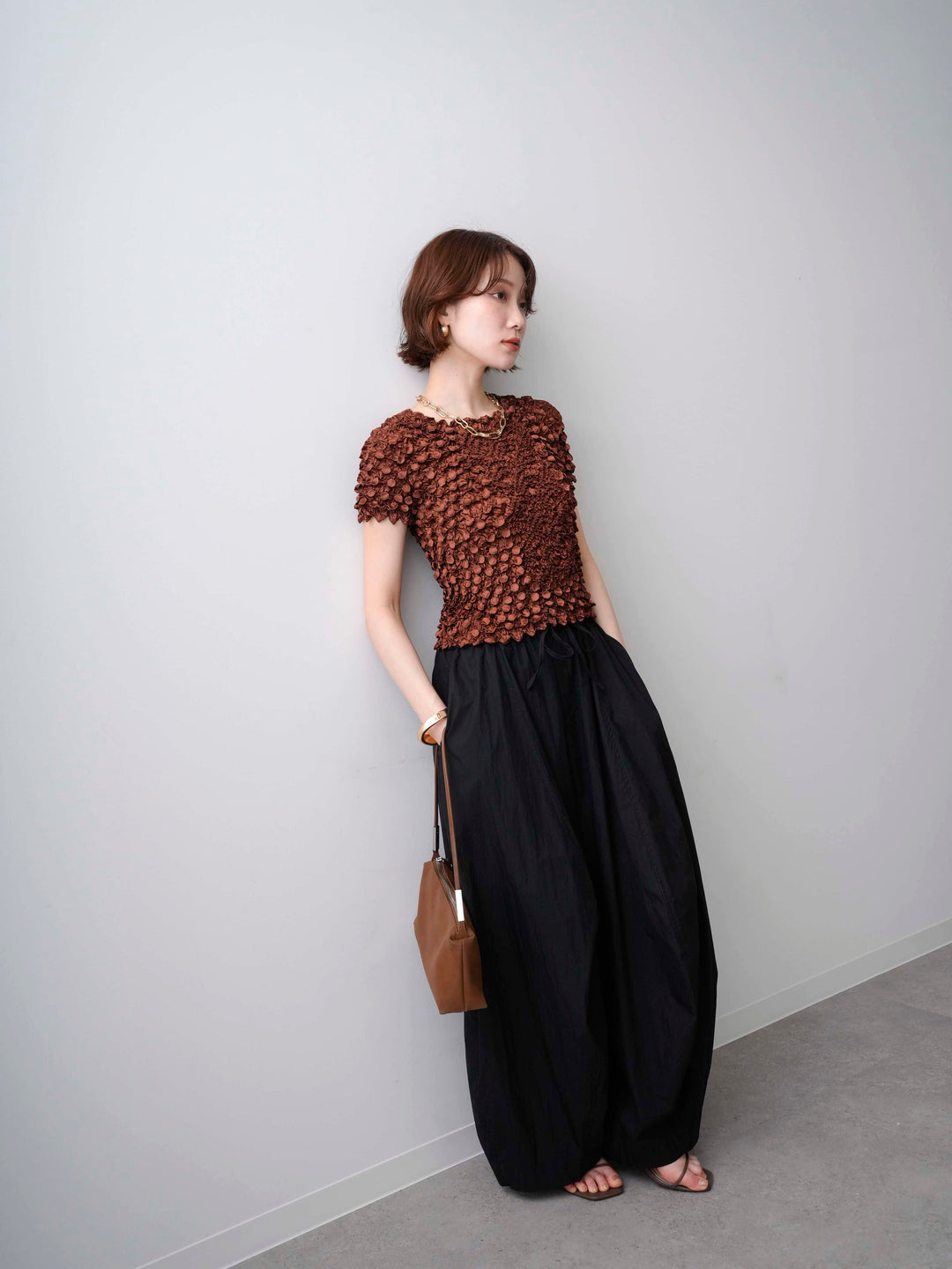 [予約]ドットスモッキングフレンチトップス/brown