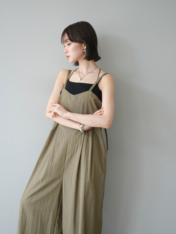 [SET]リネンライクビスチェデザインサロペット+ダブルストラップカットリブブラキャミソール(2set)