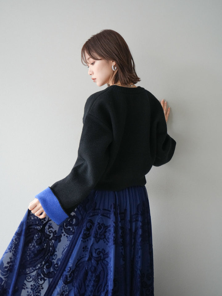 [SET]バイカラーオーバーニットカーディガン+アンティーク柄フロッキーマキシスカート(2set)