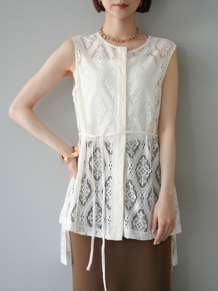 [予約]サテンパイピングレースノースリーブトップス/アイボリー