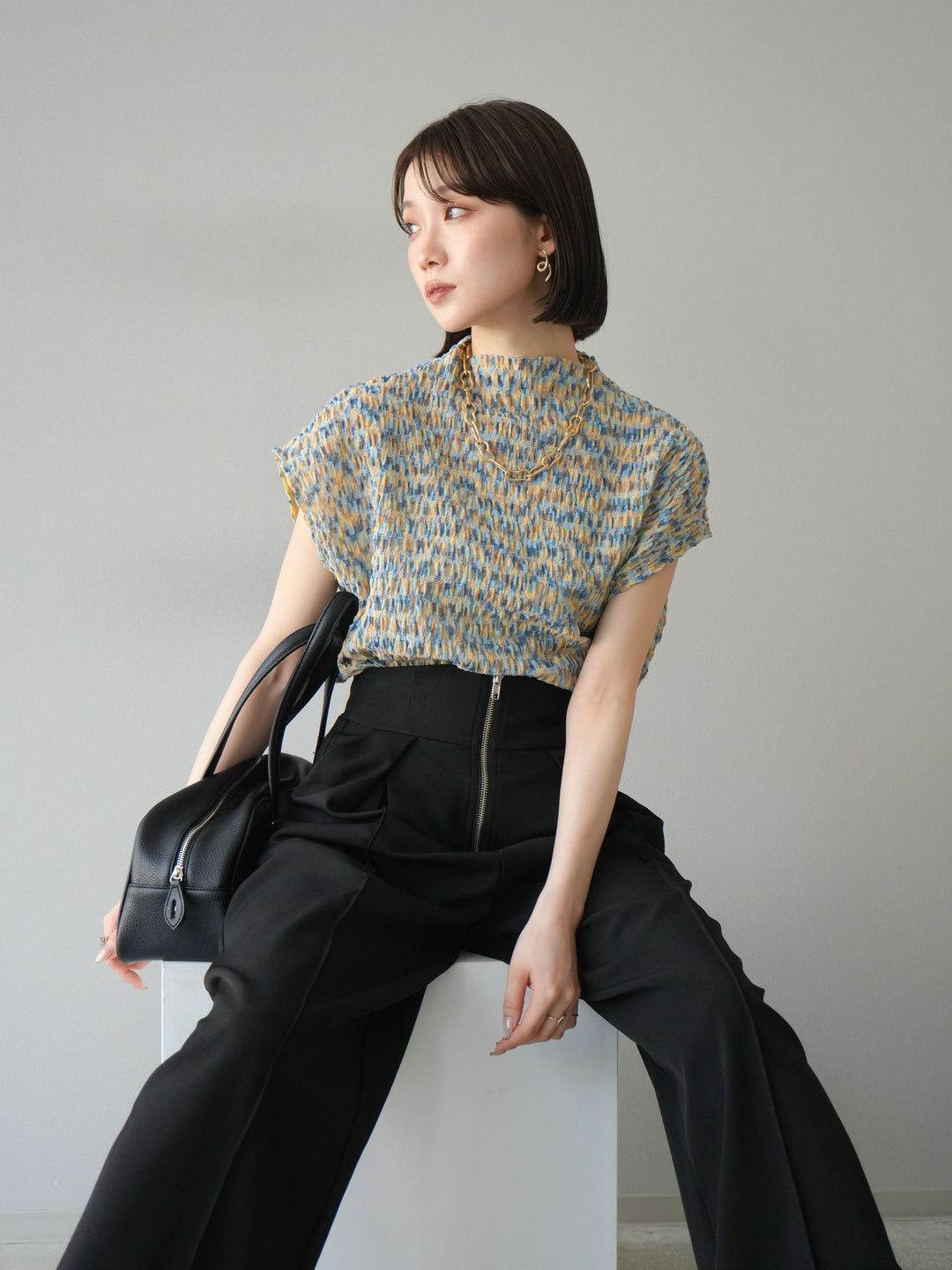 [予約]マルチカラーランダムプリーツフレンチトップス/イエロー