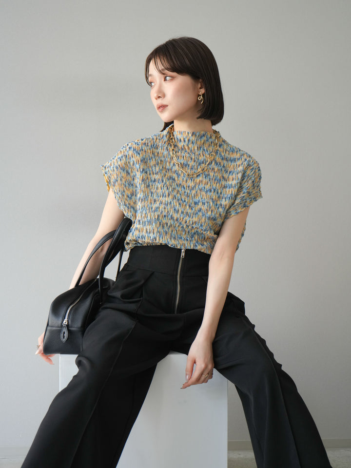 [予約]マルチカラーランダムプリーツフレンチトップス/イエロー