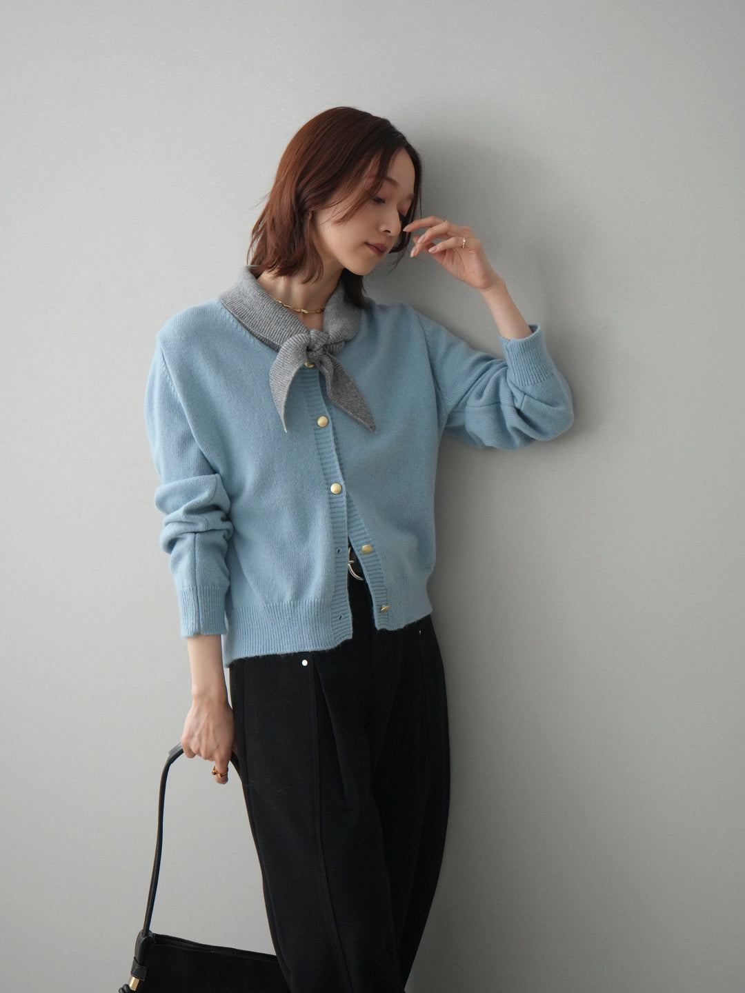 [SET]デザイン襟ニットカーディガン+選べるアクセセット(2set)