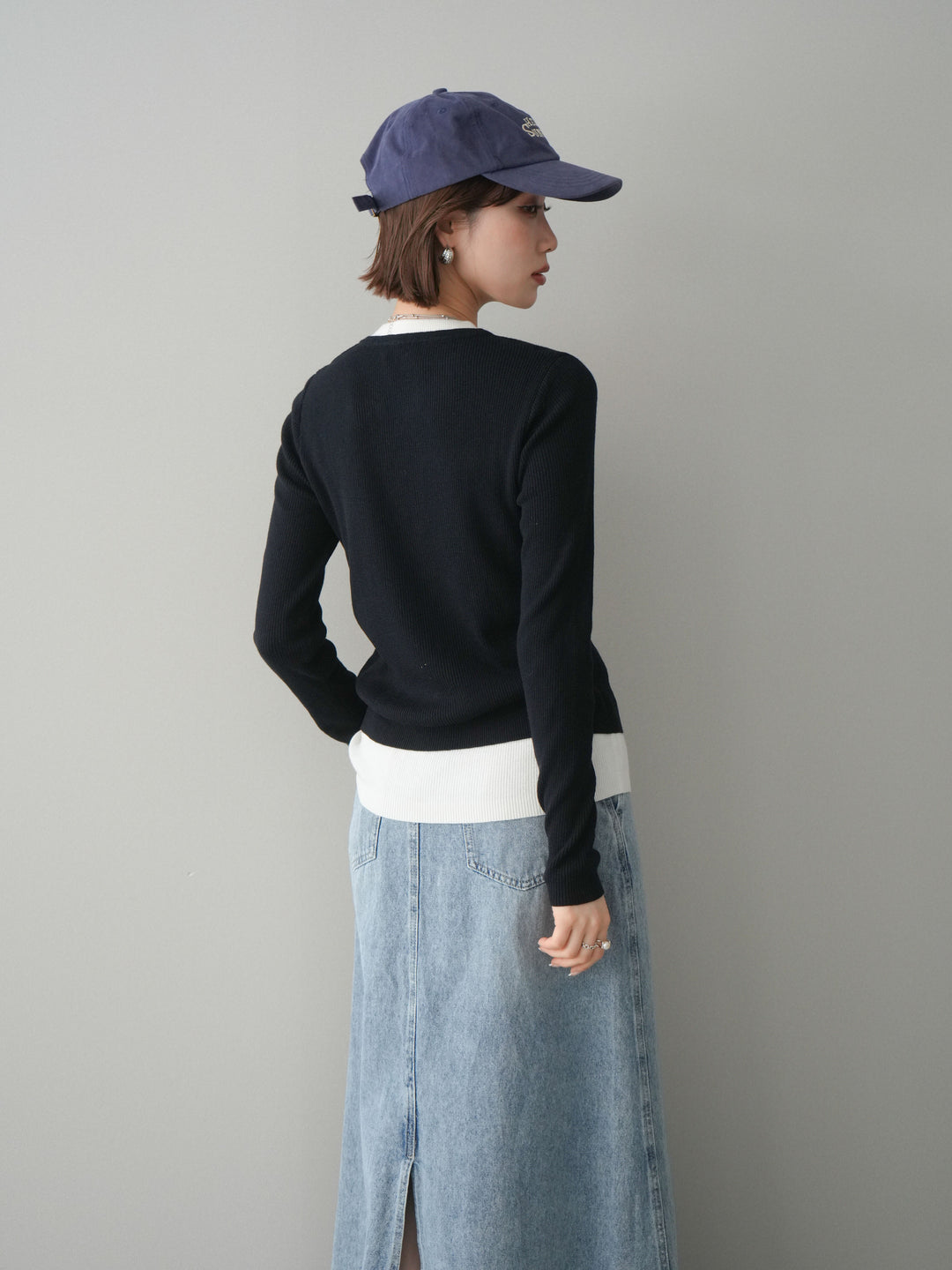 [予約]フロントジップ配色レイヤードニットトップス/navy
