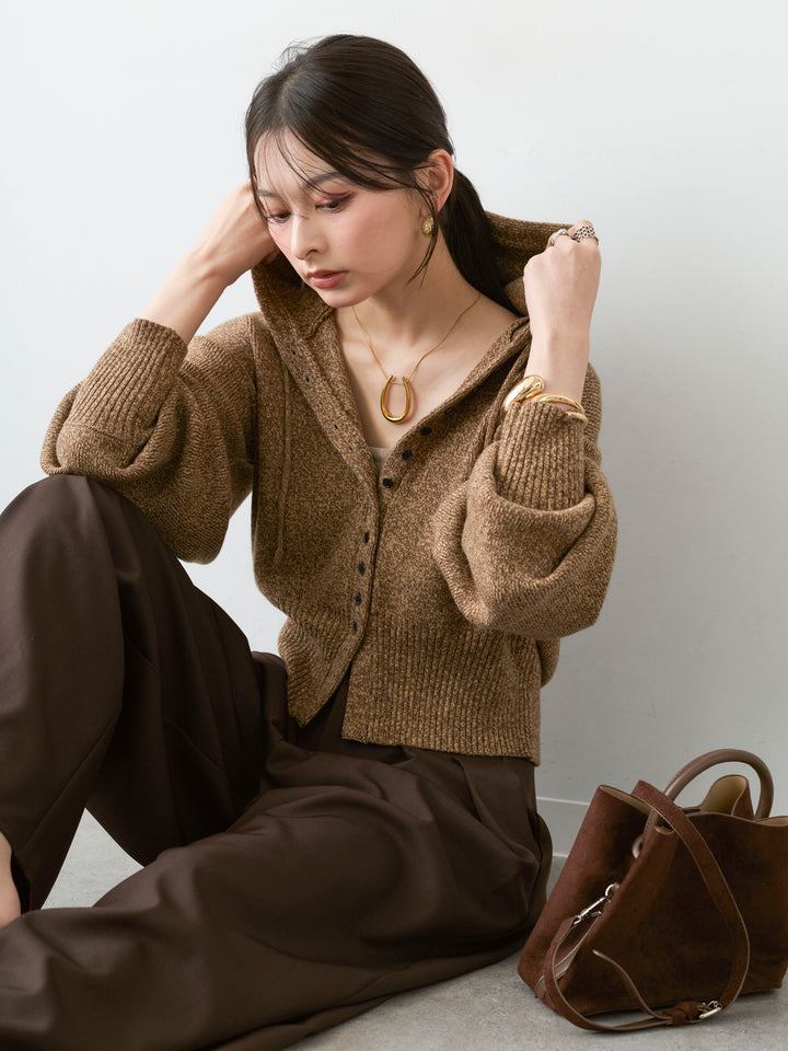 [予約]メランジボリュームスリーブフードニットカーディガン/brown