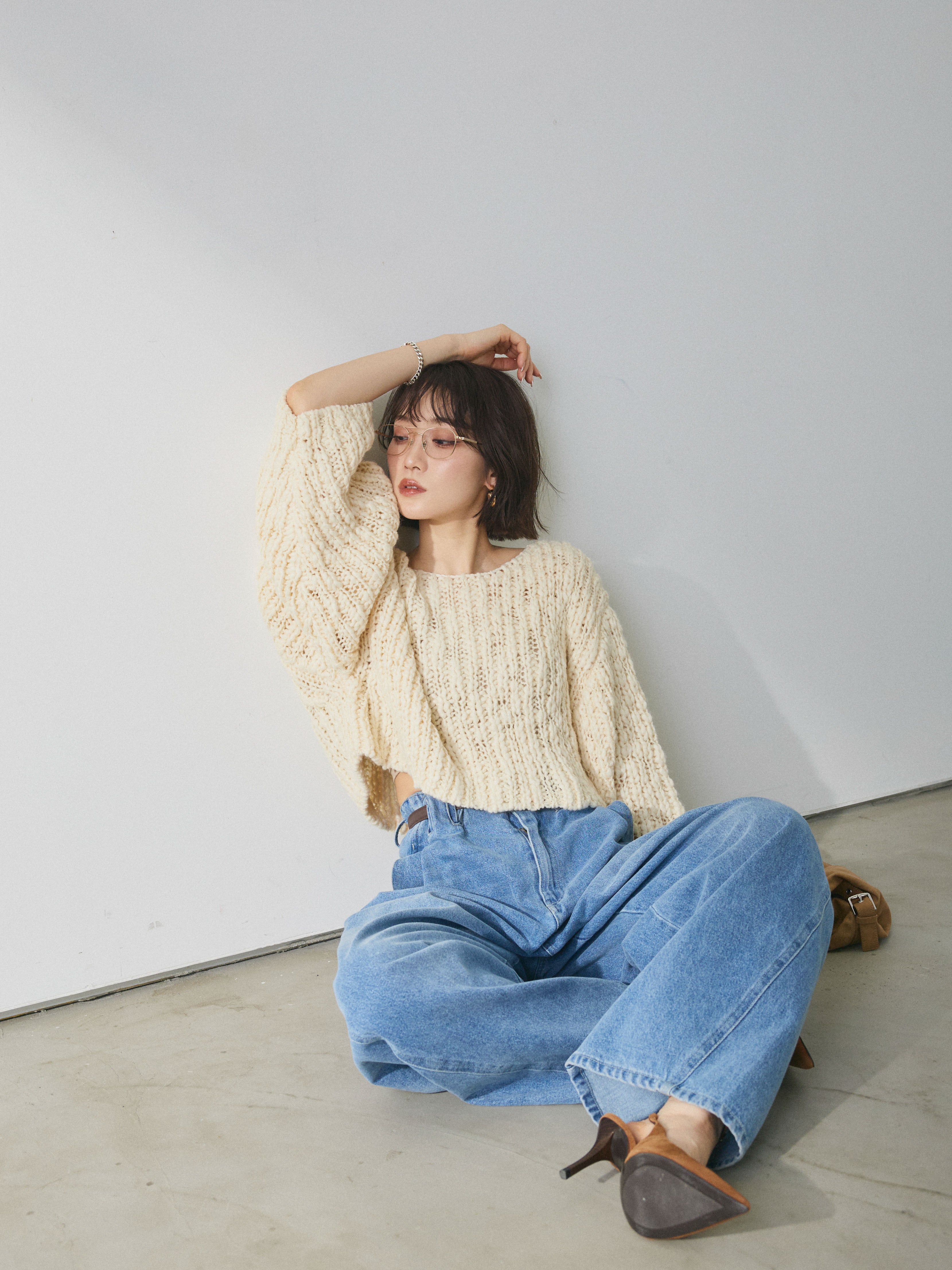 Allure】[SET]クロップドチャンキースラブニットプルオーバー+ハイ