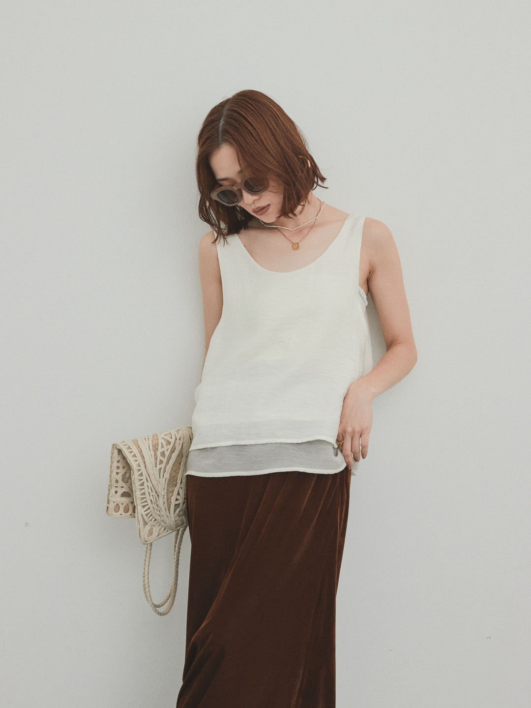 [SET]ワッシャーサテンシアーレイヤードタンクトップ+ベロアナロースカート(2set)