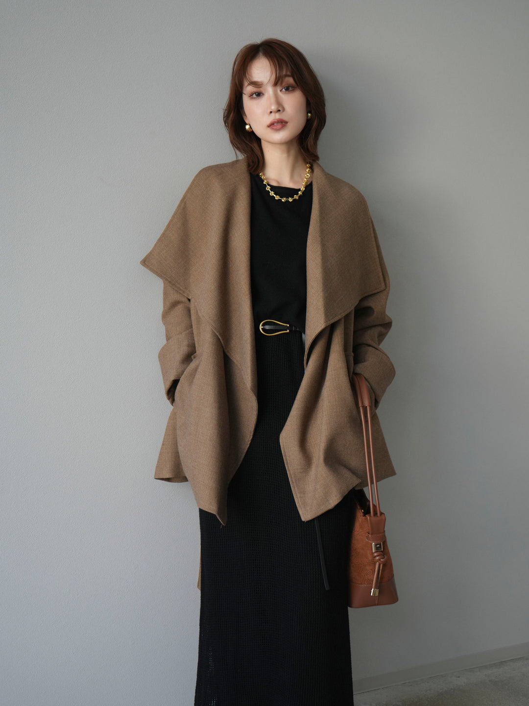 [予約]メッシュ切替ノースリーニットワンピース/black