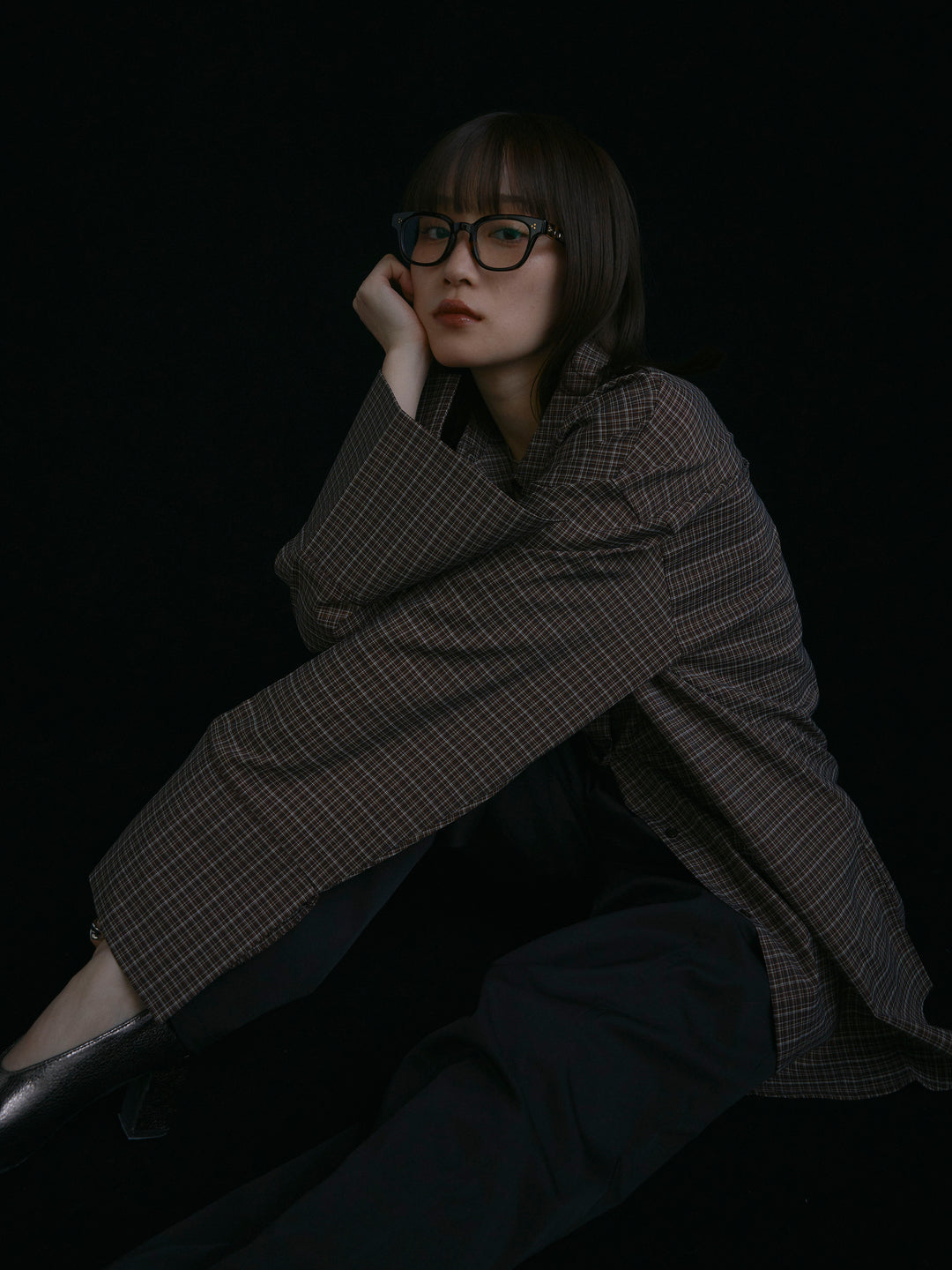 【Allure】[SET]チェックBIGカフスオーバーシャツ+タフタワイドカーブパンツ(2set)