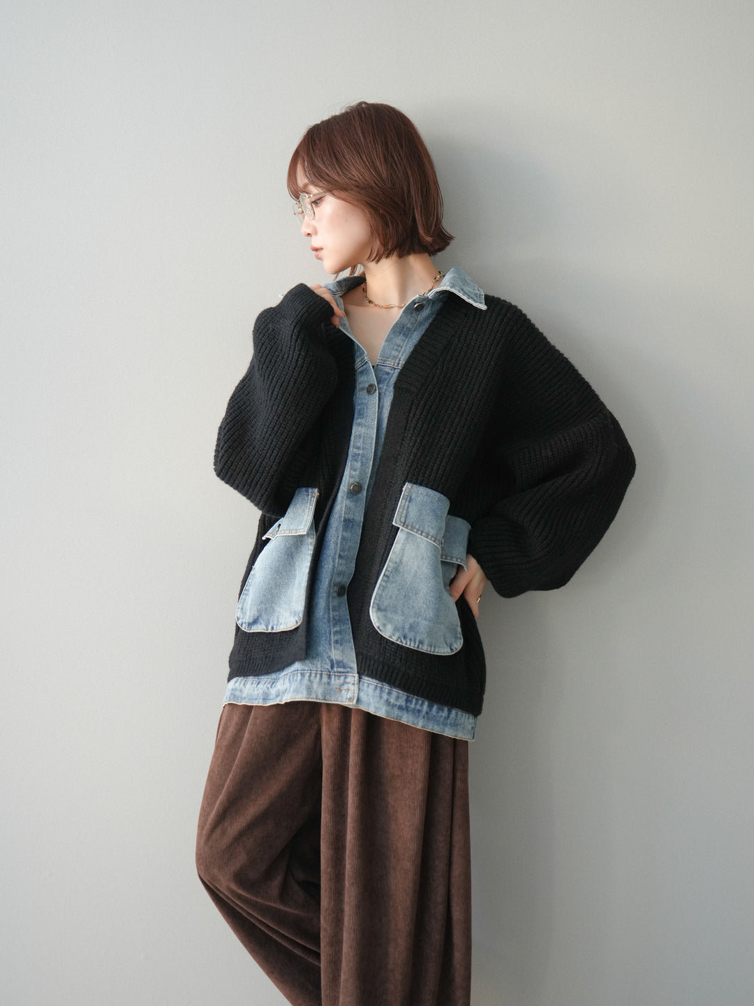 [予約]デニムドッキングオーバーニットジャケット/black