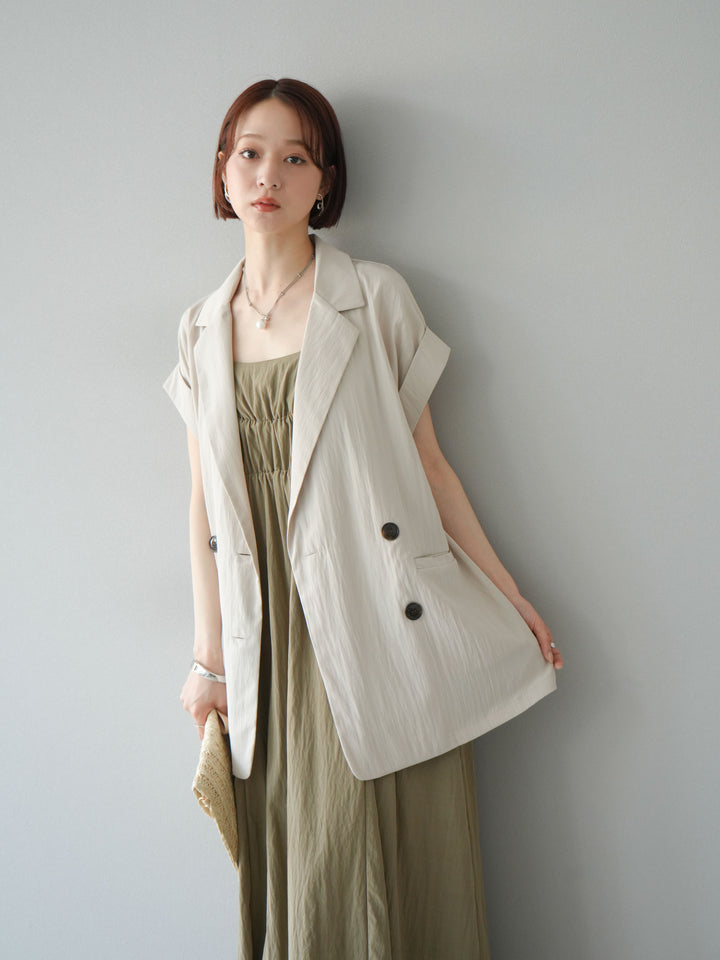 [SET]レーヨンシャーリングキャミワンピース+リネンライクノースリーブダブルジレ(2set)