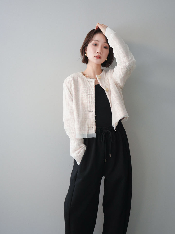 [SET]チュールレイヤードツイードクロップドジャケット+裾ZIPスエットワイドパンツ(2set)