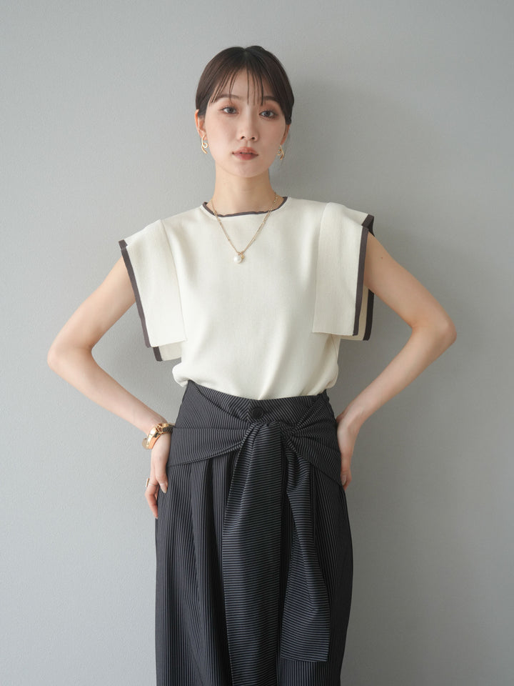 【預購】亞麻質感方袖拼色針織套頭衫/象牙白