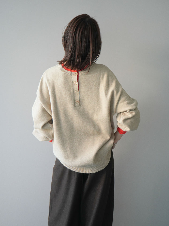 [予約]ヘンリーネック配色レイヤードニットプルオーバー/beige