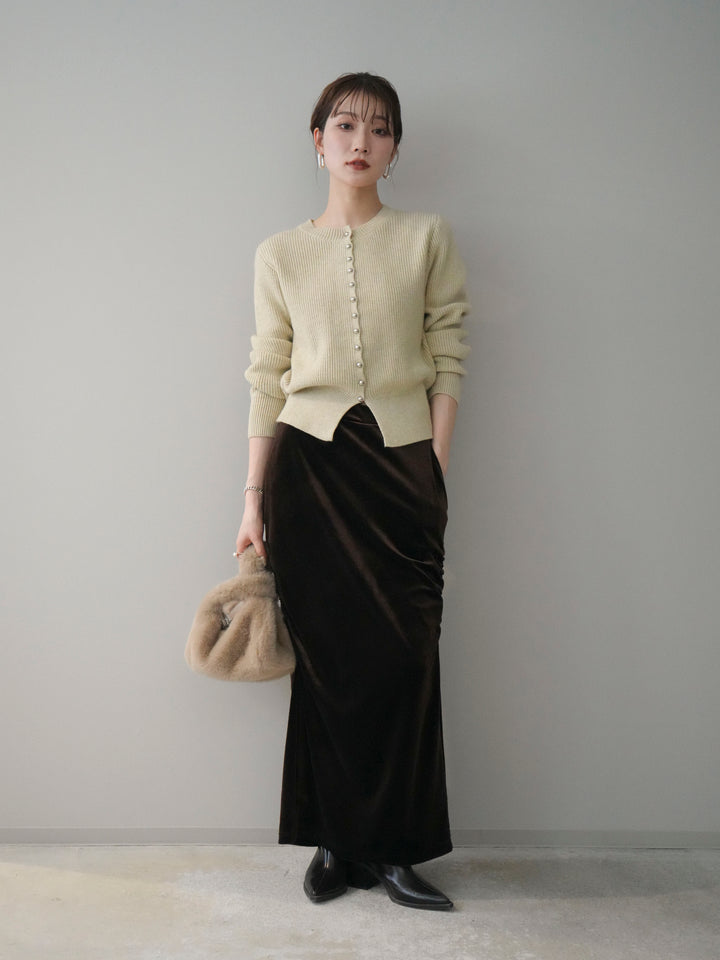[SET]シルバーボタン畦編みニットカーディガン+ギャザーベロアスカート(2set)