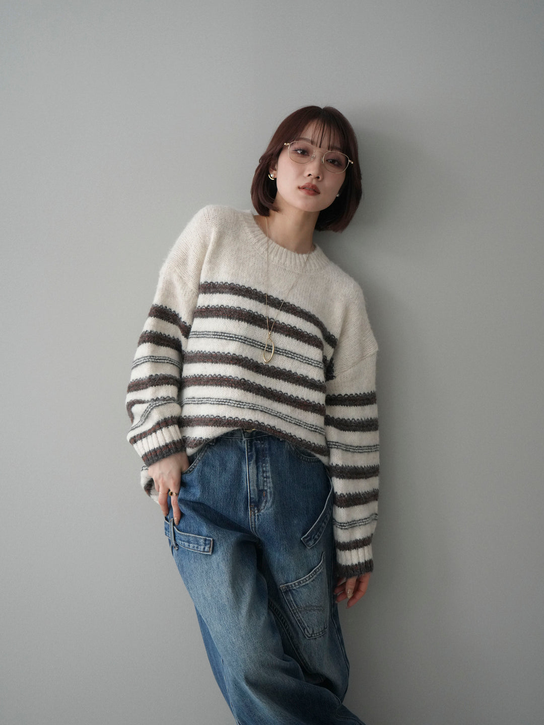 [SET]ステッチボーダーニットプルオーバー+ペインターカーブデニムパンツ(2set)