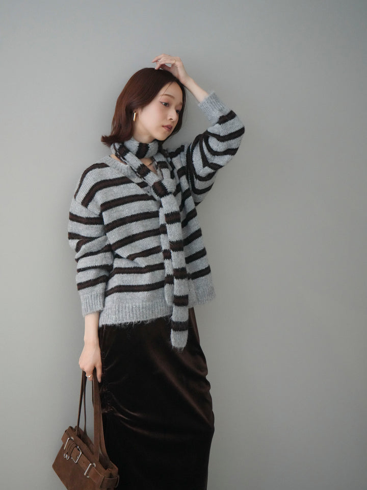 [SET]ボウタイ付きボーダーニットプルオーバー+ボウタイ付きボーダーニットプルオーバー(2set)