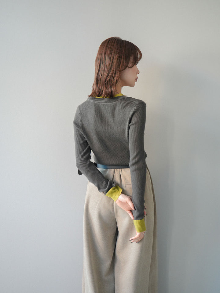 [SET]Uネック配色レイヤードリブニットトップス+ベルトデザインループコールテンワイドパンツ(ベルト付き)(2set)