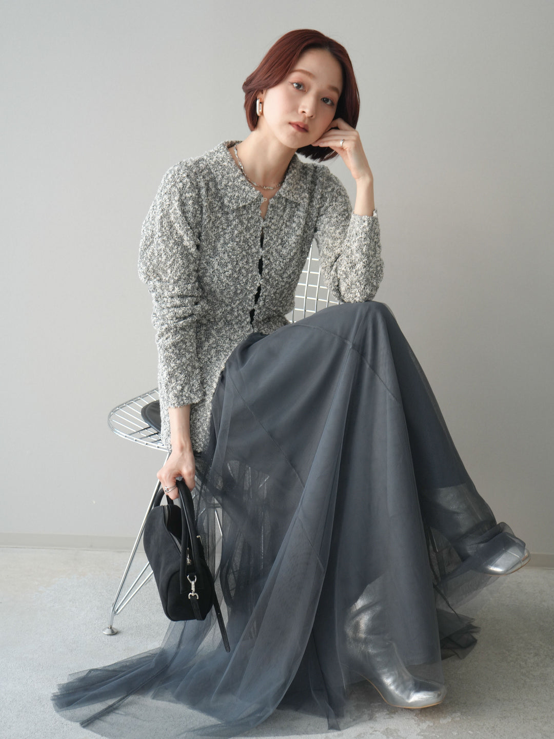 [予約]透かし編みブークレポロニットトップス/mix