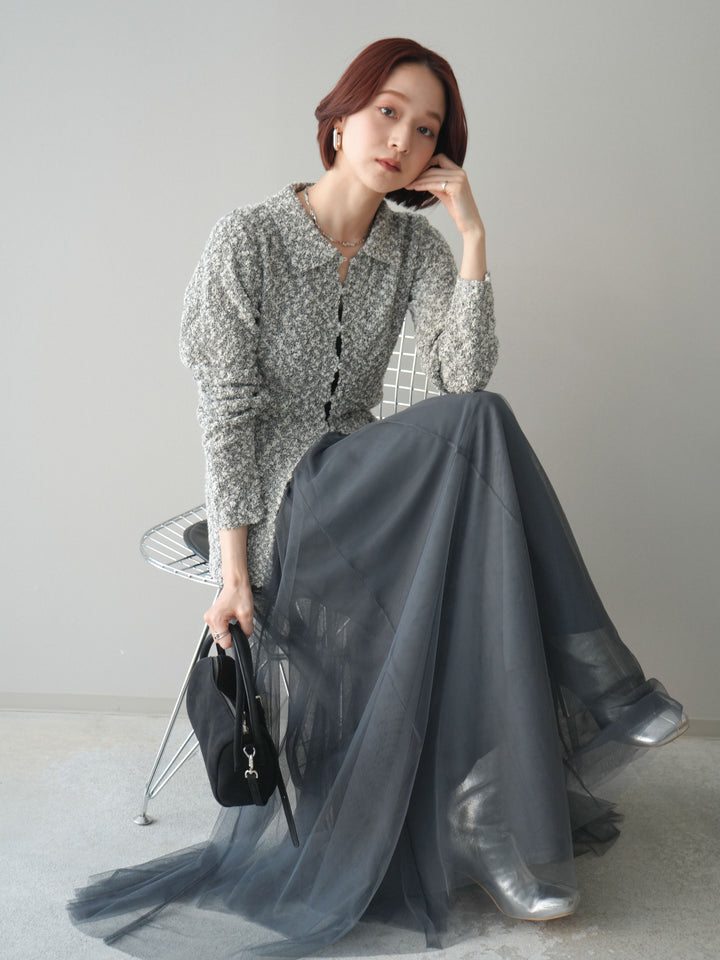 [予約]透かし編みブークレポロニットトップス/mix