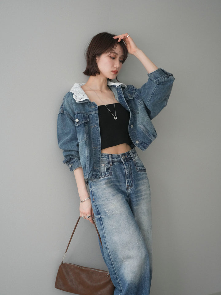 [予約]襟レースデニムショートジャケット/indigo