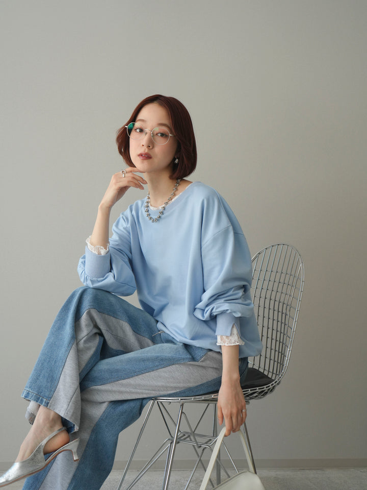 [予約]袖レースカットバルーンプルオーバー/sax